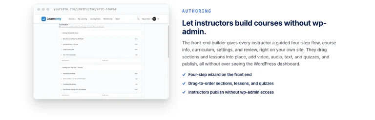 Learnomy frontend drag and drop course builder interface used by WordPress developers to structure lessons
