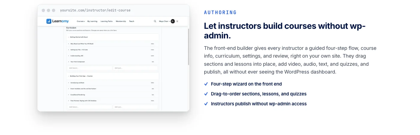 Learnomy frontend drag and drop course builder interface used by WordPress developers to structure lessons