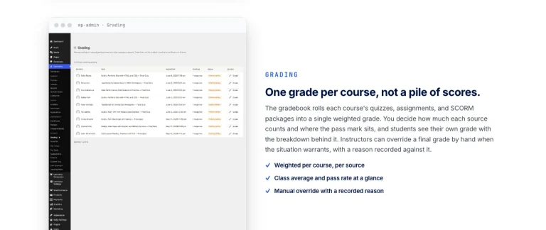 Learnomy grading inbox listing student quiz and assignment submissions waiting on instructor review