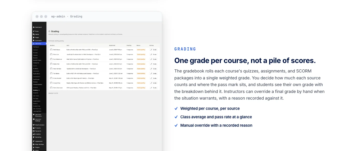 Learnomy grading inbox listing student quiz and assignment submissions waiting on instructor review