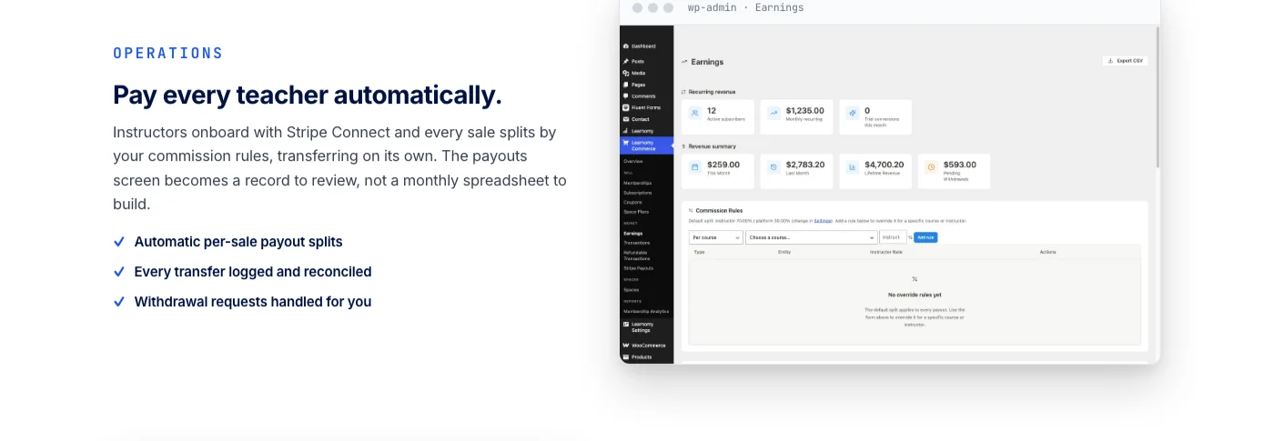 Learnomy instructor dashboard showing revenue sharing splits and payout tracking for multi-instructor schools