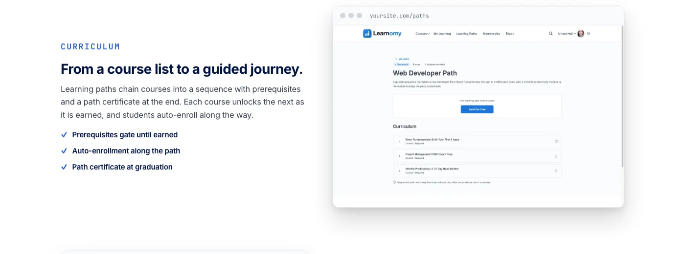 Learnomy learning path sequencing multiple courses with assignments into a required curriculum with prerequisites